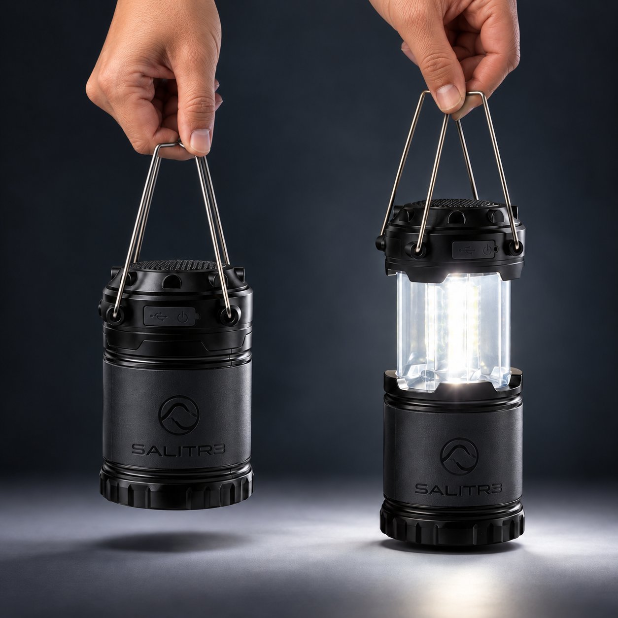 Altavoz lámpara Ingenio plegado y extendido con la luz encendida