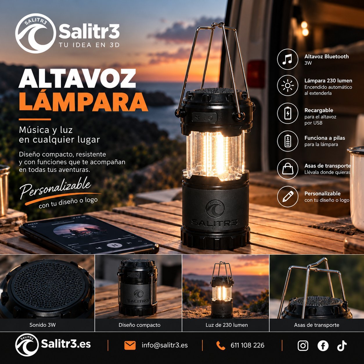 Altavoz inalámbrico con función lámpara Ingenio de Salitr3 encendido en una mesa camper al atardecer