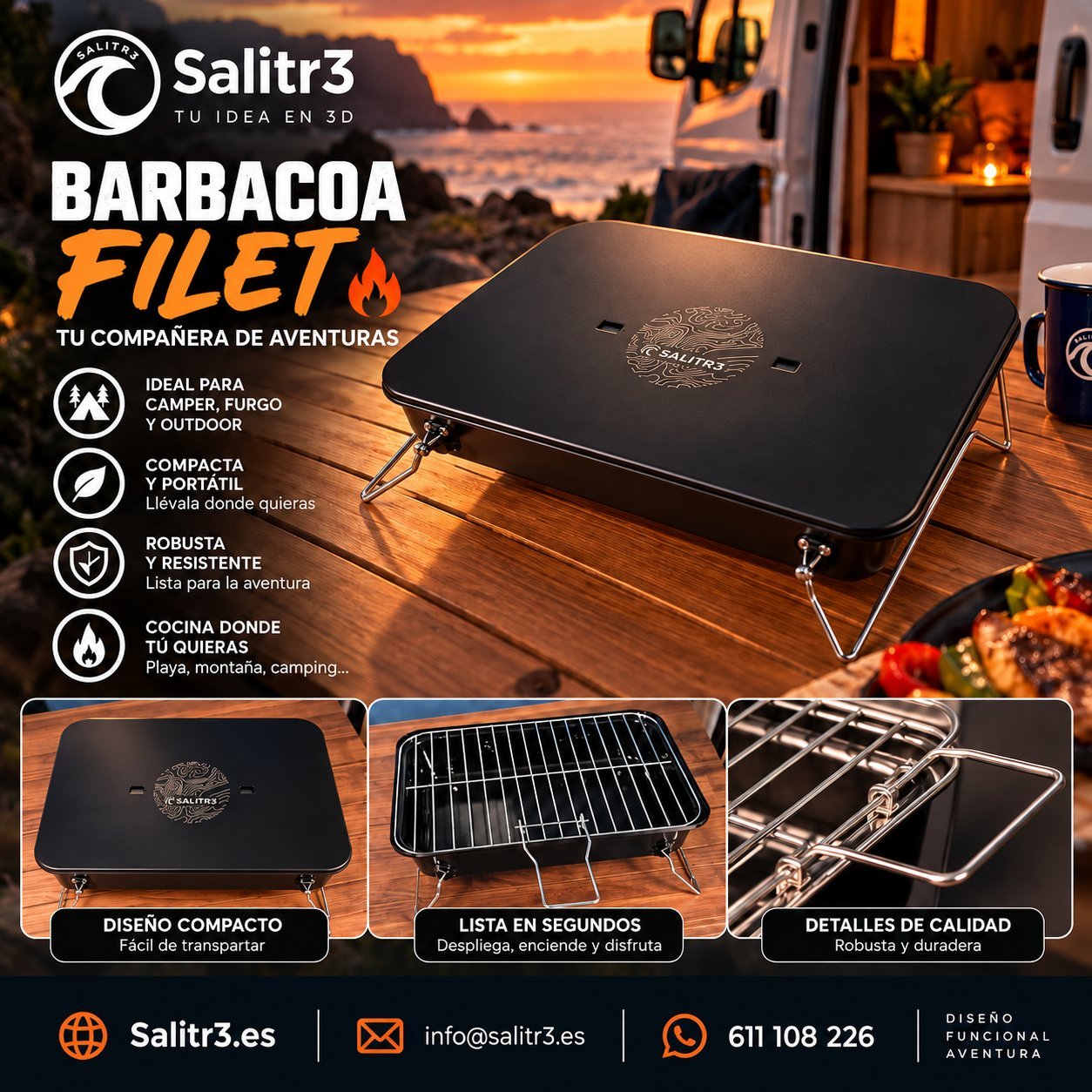 Cartel de la barbacoa Filet de Salitr3 junto a una furgoneta camper al atardecer