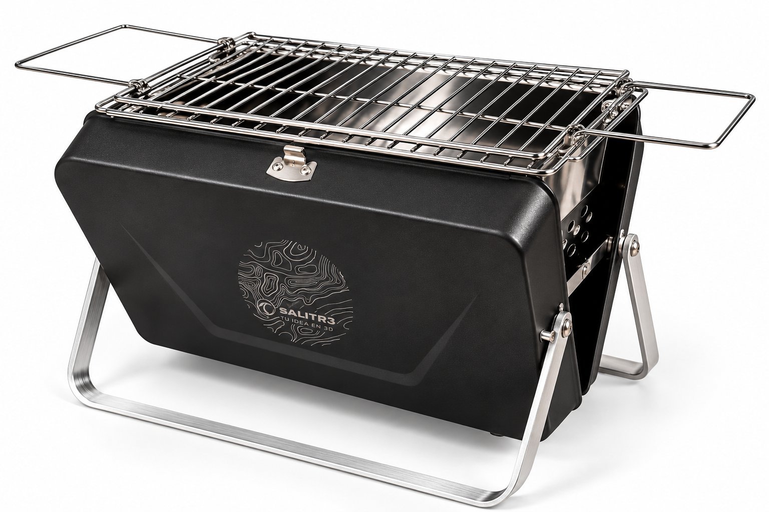 Barbacoa Rulot abierta con parrilla de acero inoxidable y asas plegables