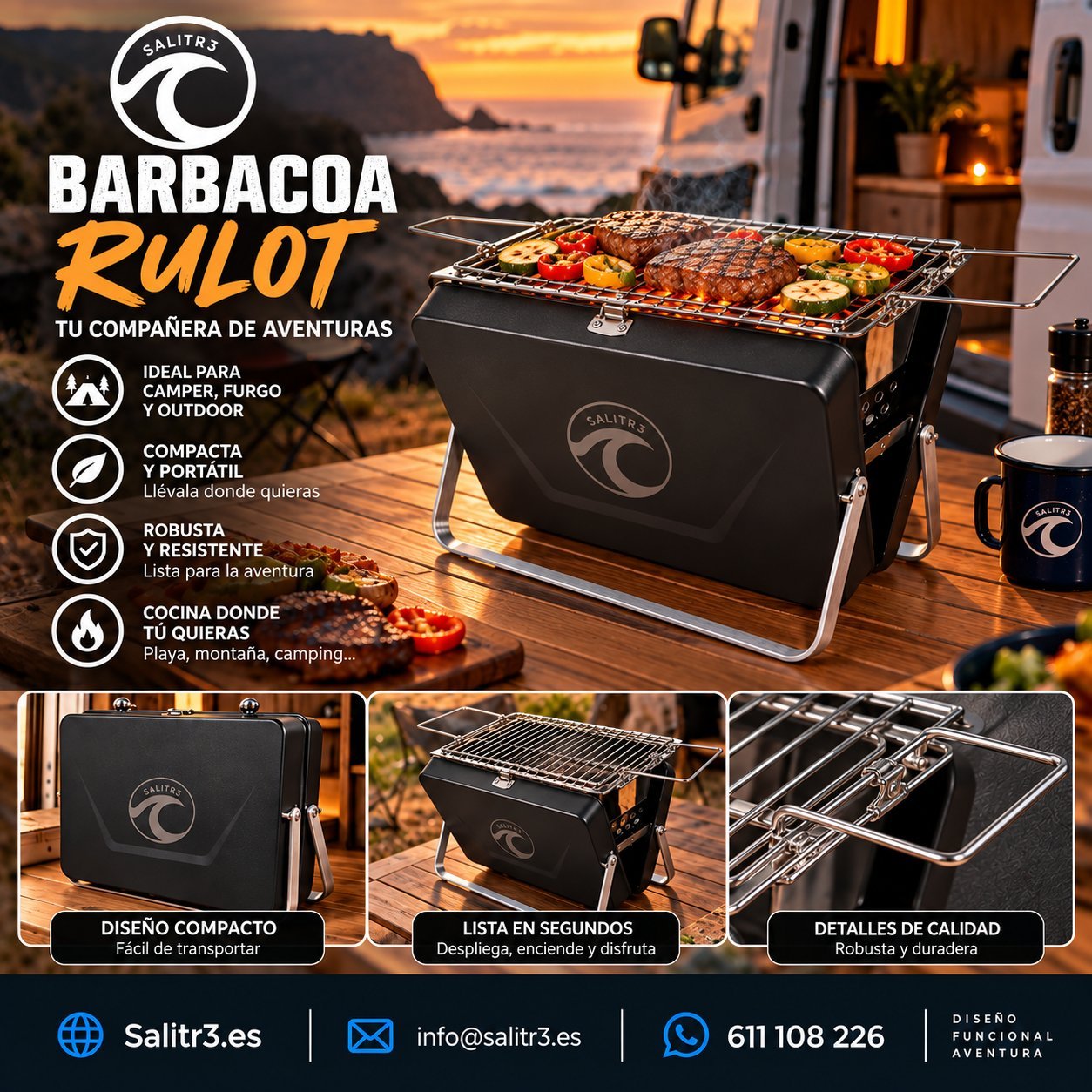 Cartel de la barbacoa Rulot de Salitr3 junto a una furgoneta camper al atardecer