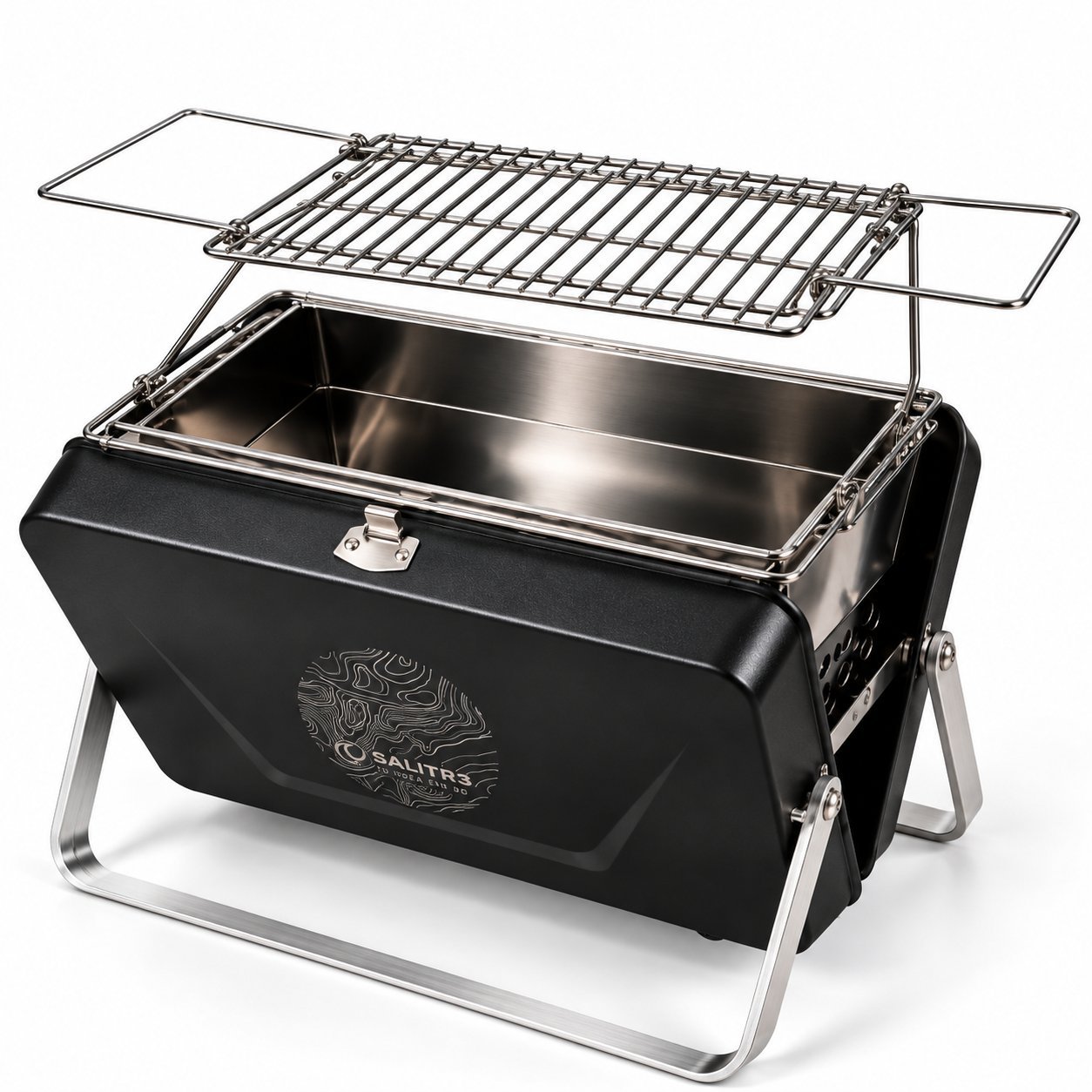 Barbacoa Rulot con la parrilla levantada y la bandeja de acero inoxidable