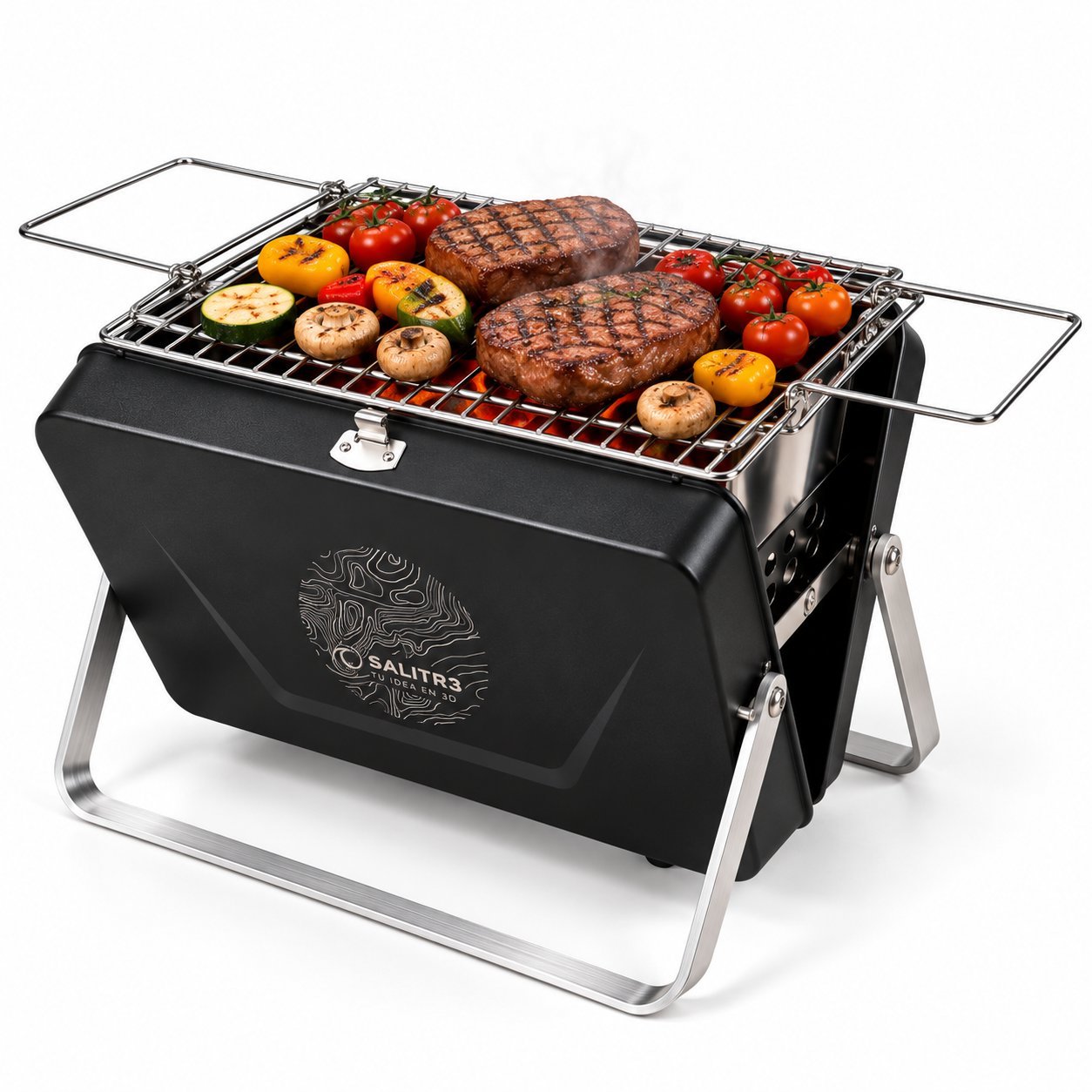 Barbacoa portátil Rulot con carne y verduras en la parrilla