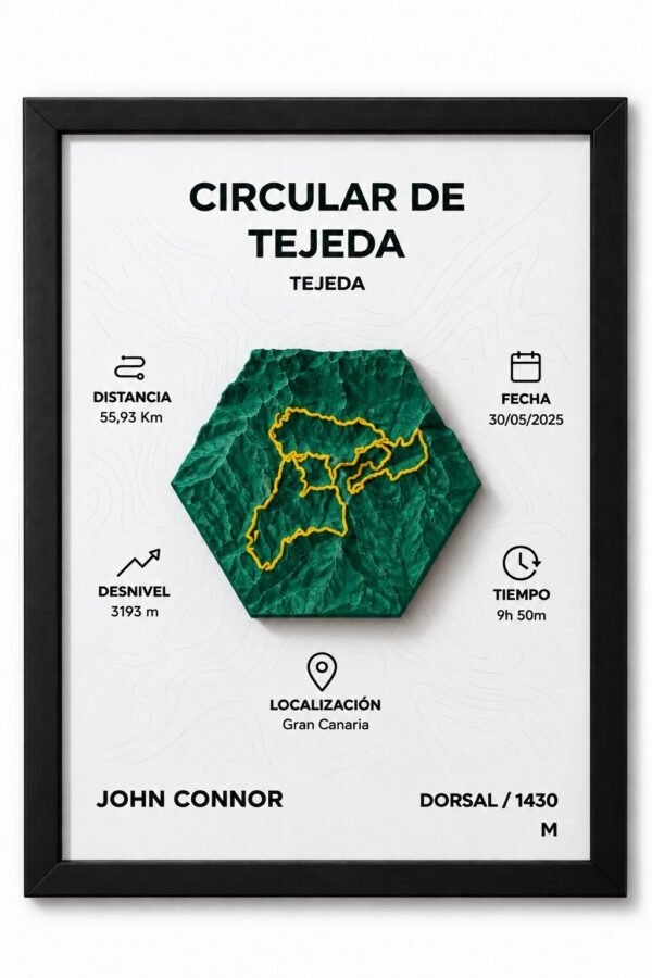 Cuadro 3D hexagonal de carrera en verde con ruta amarilla e iconos de distancia, fecha, desnivel y tiempo