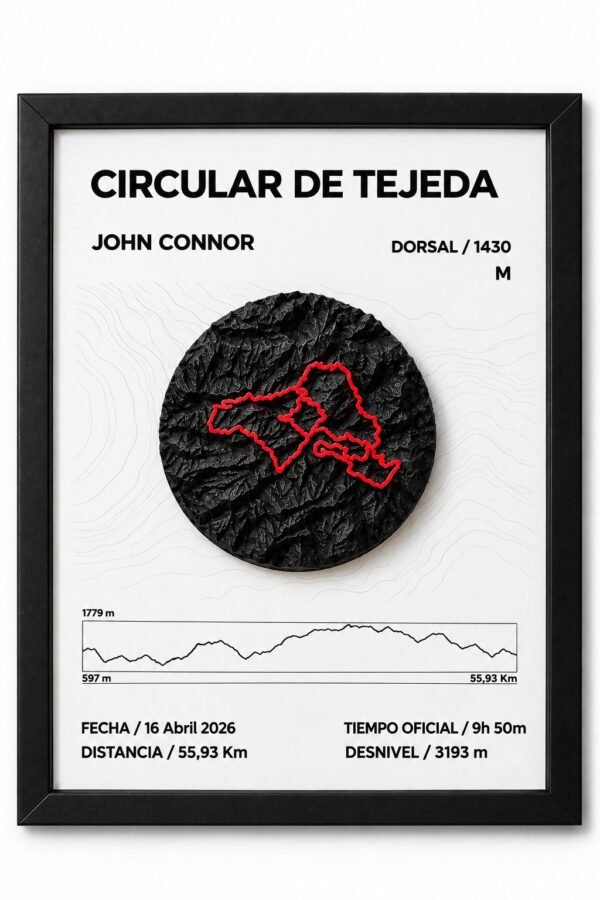 Cuadro 3D redondo de la Circular de Tejeda con ruta en rojo, nombre del corredor, dorsal y perfil