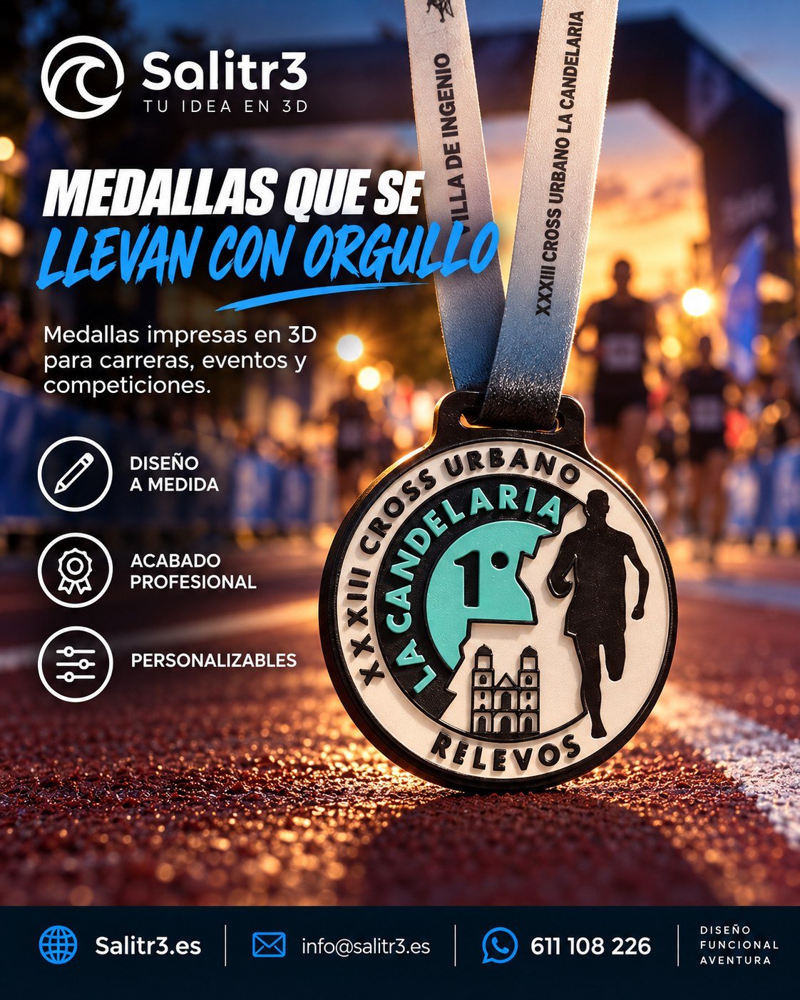 Cartel de Salitr3 con la medalla del Cross Urbano La Candelaria sobre una pista de atletismo