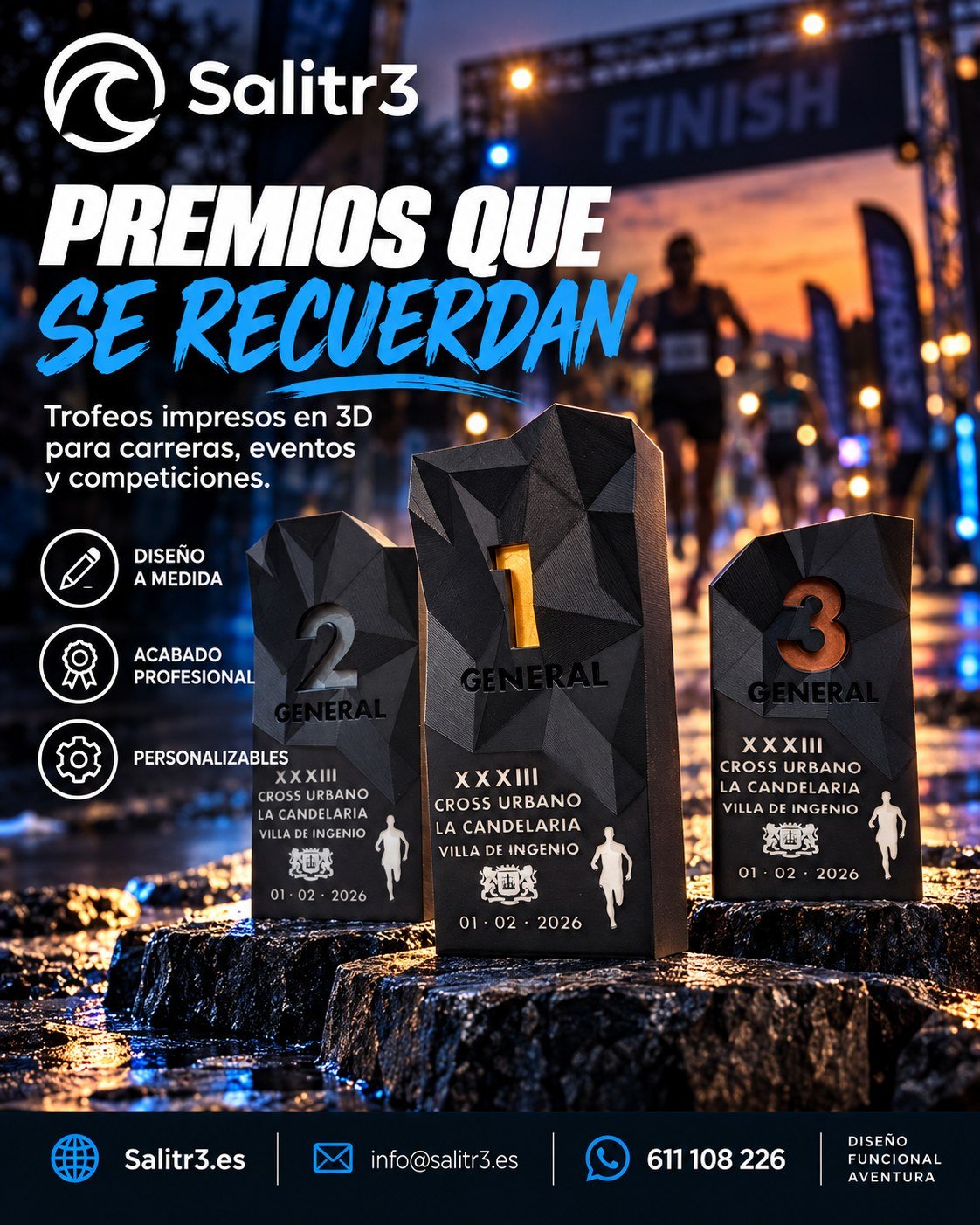 Cartel de Salitr3 con los trofeos del Cross Urbano de Ingenio delante de un arco de meta