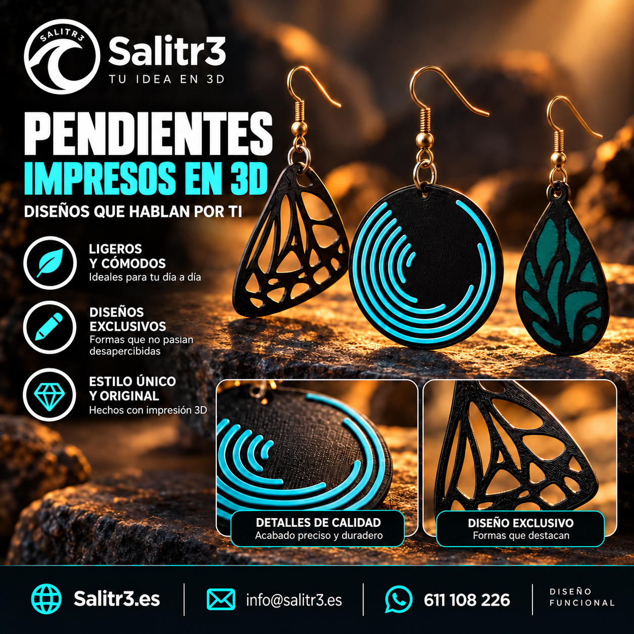 Pendientes impresos en 3D de Salitr3: ala de mariposa, círculo de ondas y gota de hojas