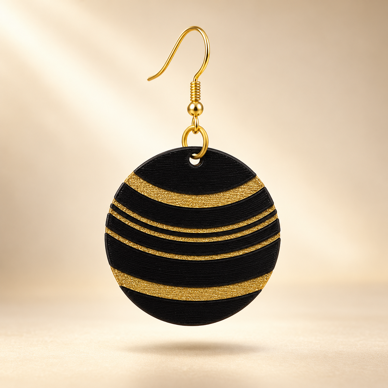 Pendiente impreso en 3D en forma de planeta, negro y oro