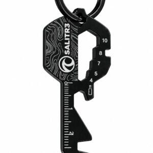 Llavero multiherramienta con forma de llave grabado con mapa topográfico y logo de Salitr3