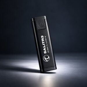 Multiherramienta con linterna ultra plana grabada con el logo de Salitr3 y coordenadas