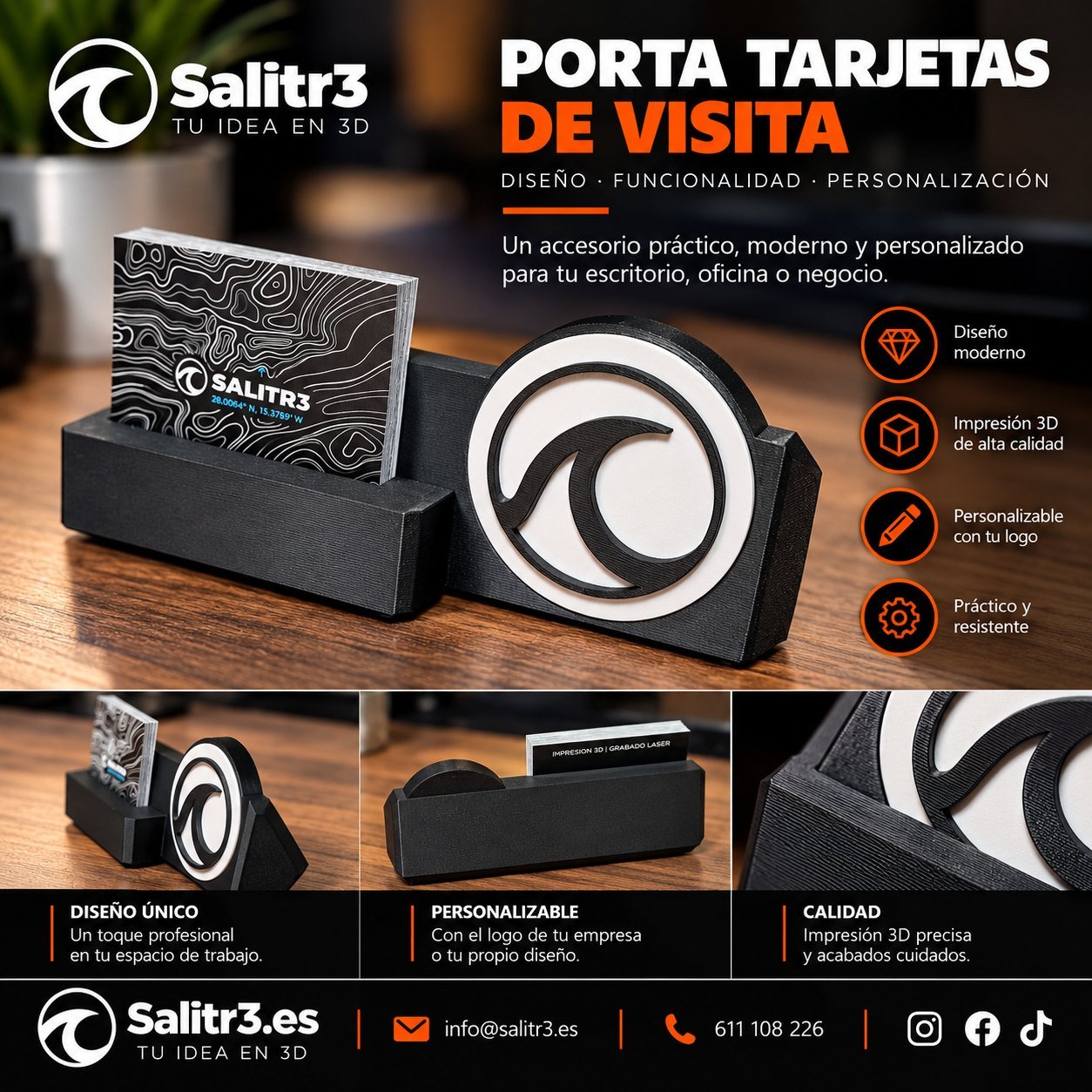 Porta tarjetas de visita impreso en 3D con el logo de Salitr3 sobre un escritorio